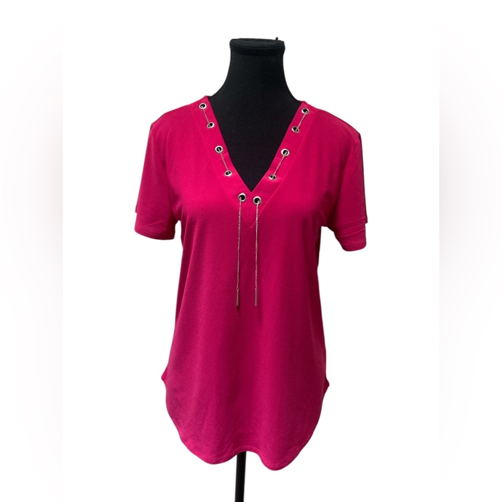 89th & Madison Hot Magenta Lace-Up Short Sleeve Top M NWT